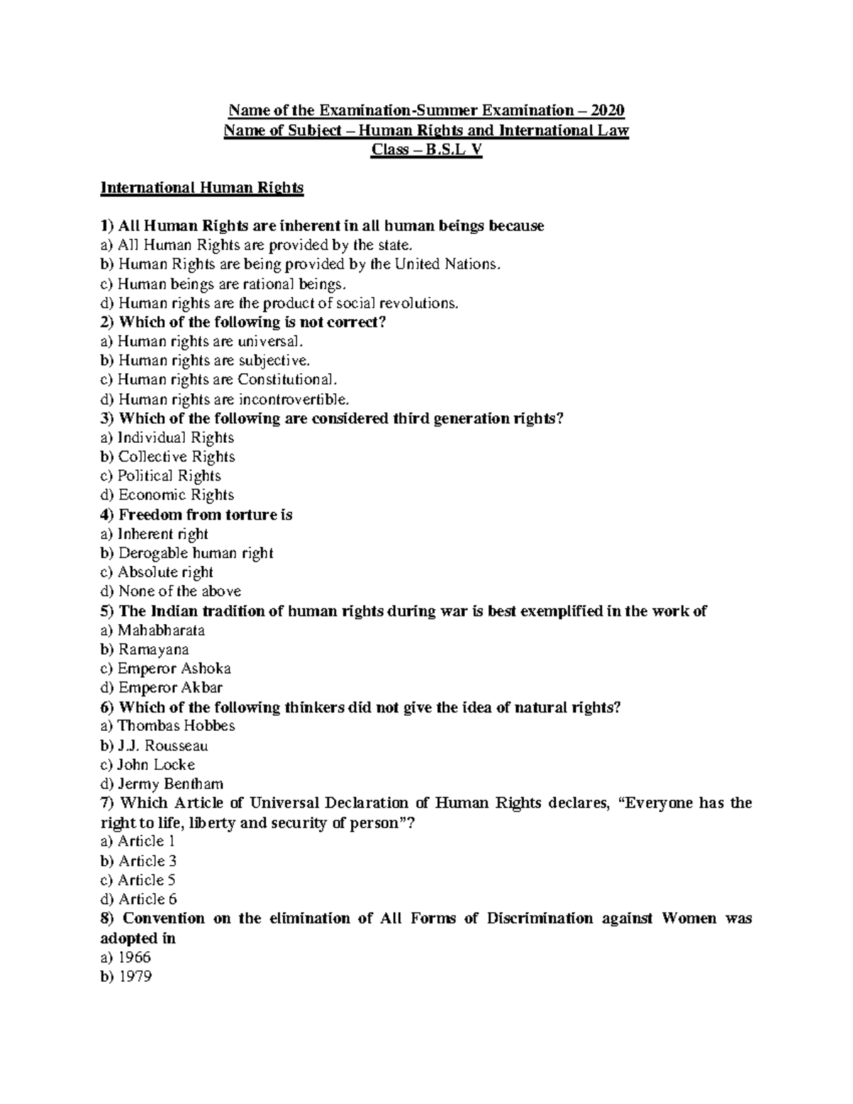 International Human Rights Law-MCQ-Final - Name Of The Examination ...