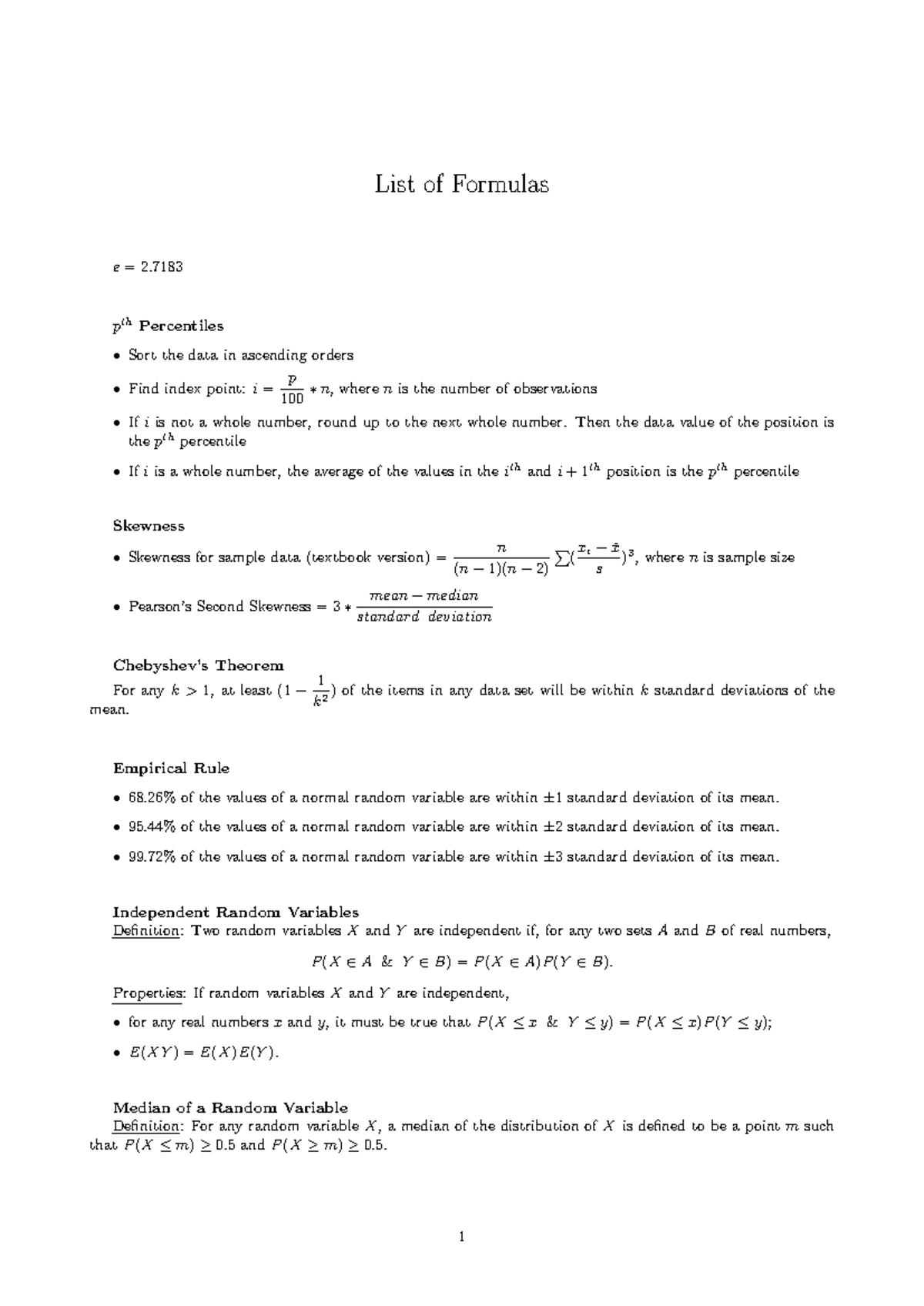 List+of+Formulas - List of Formulas e = 2. 7183 pth Percentiles Sort ...