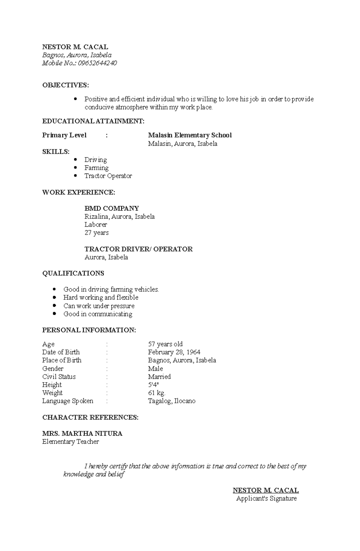 Layout Resume for Looking a Job - NESTOR M. CACAL Bagnos, Aurora ...