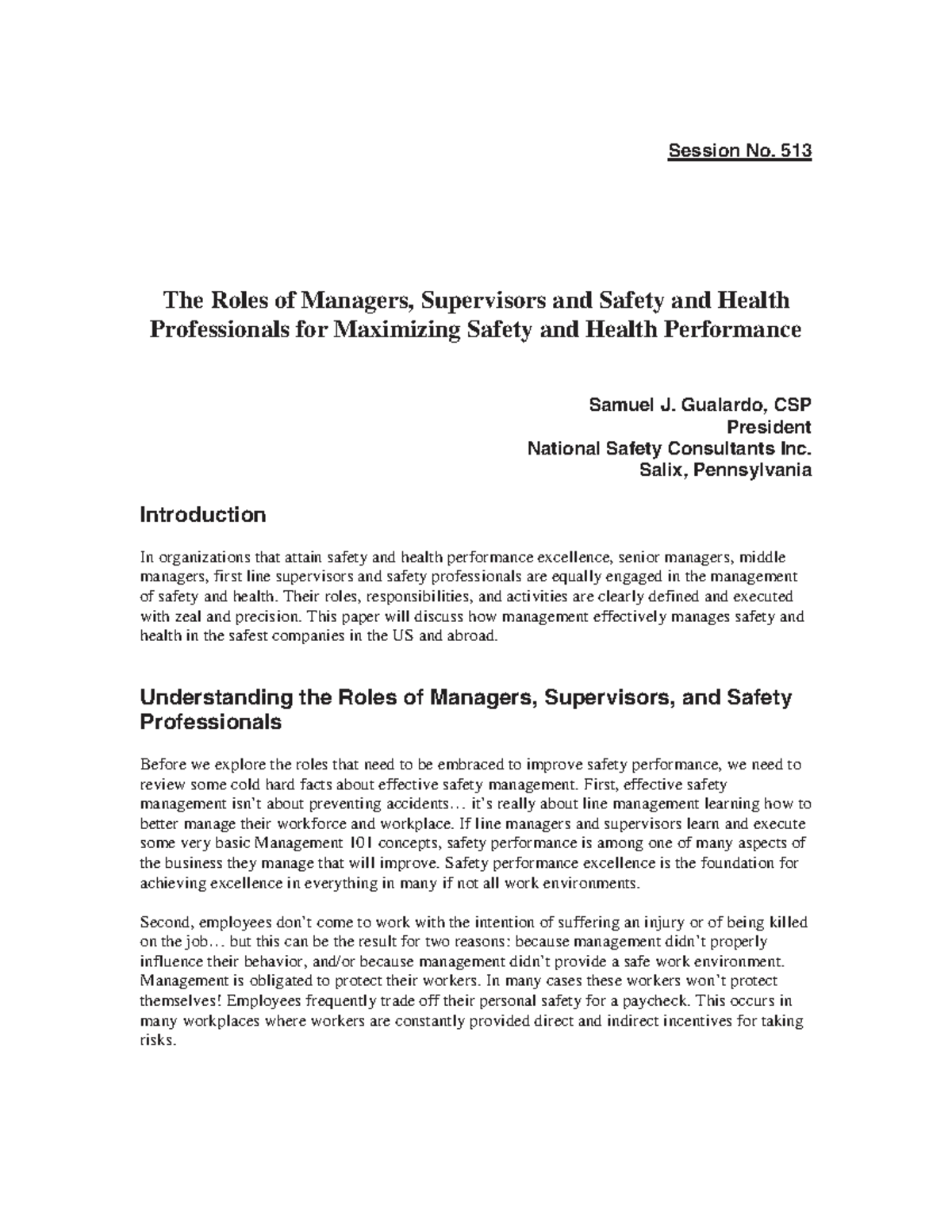 Role of management, supervisors, workmen, unions - Session No. 513 The ...