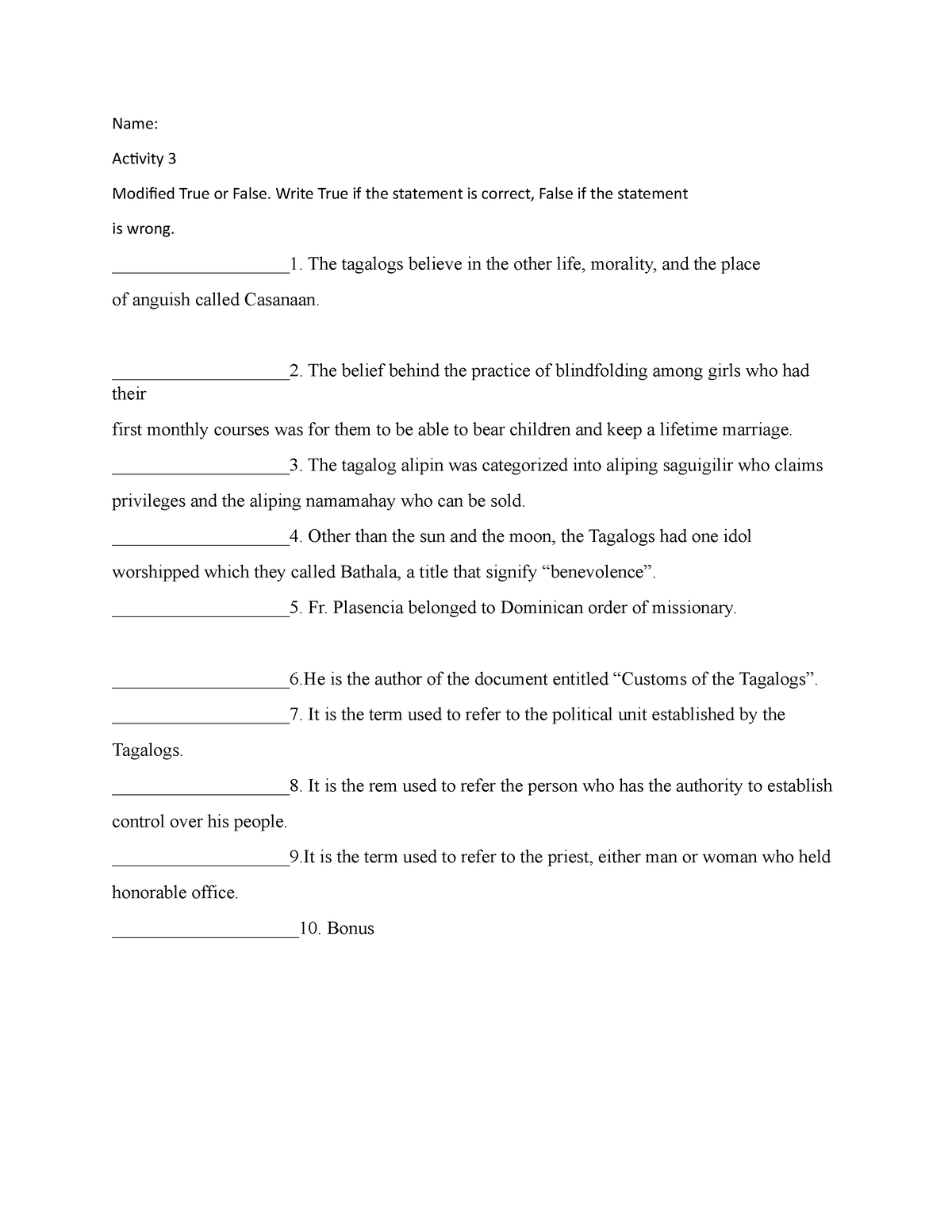 Plasencia - Name: Activity 3 Modified True or False. Write True if the ...