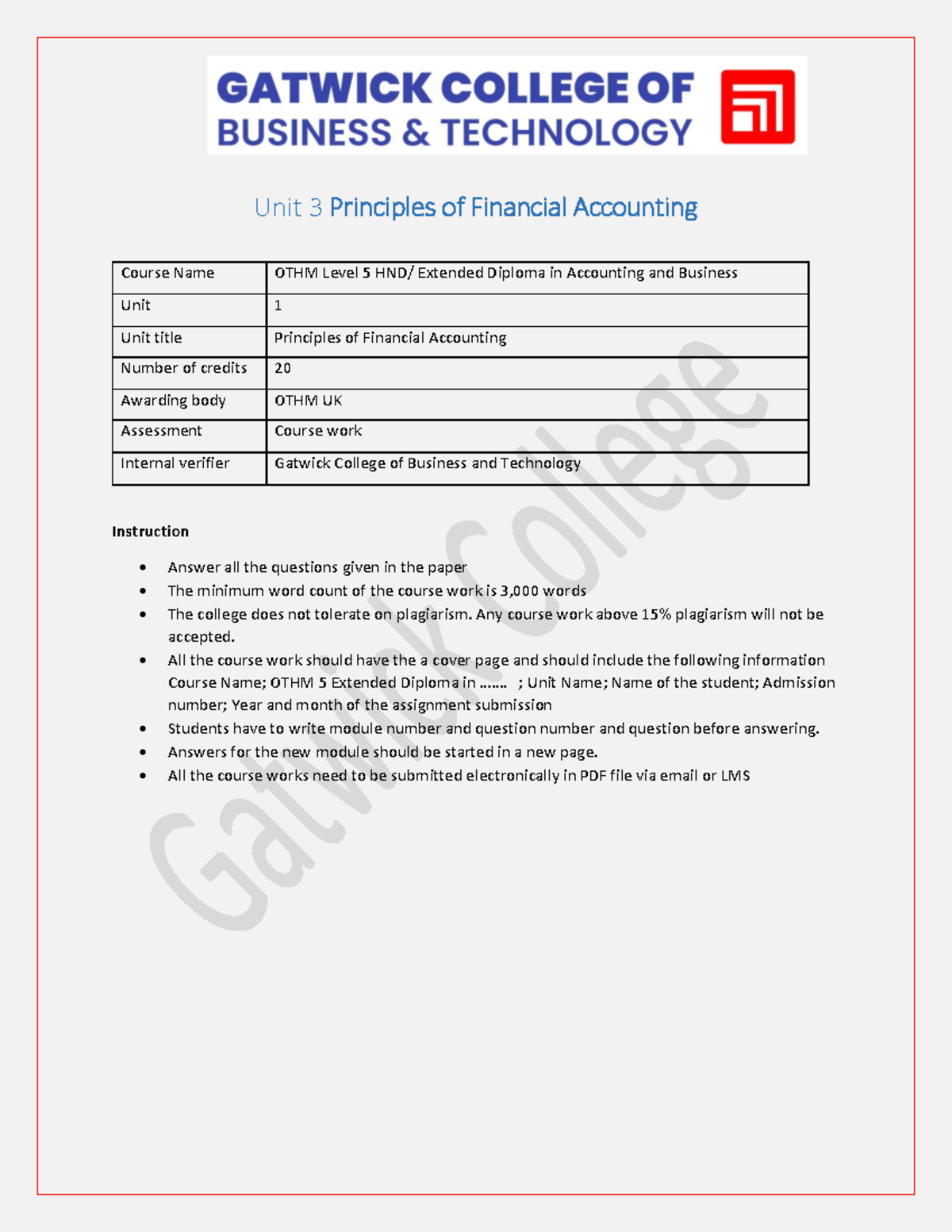 Unit 3 Principles of Accounting Course Work Unit 3 Principles of