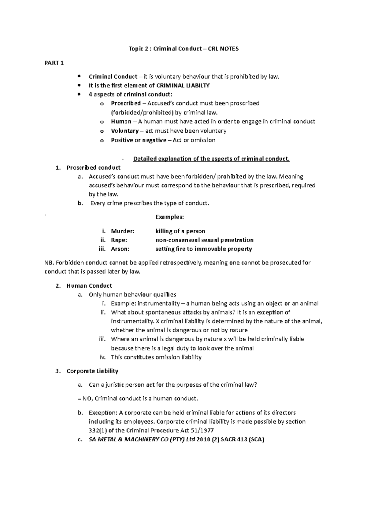 CRL Notes Criminal Liability P 1 AND 2 - Topic 2 : Criminal Conduct ...