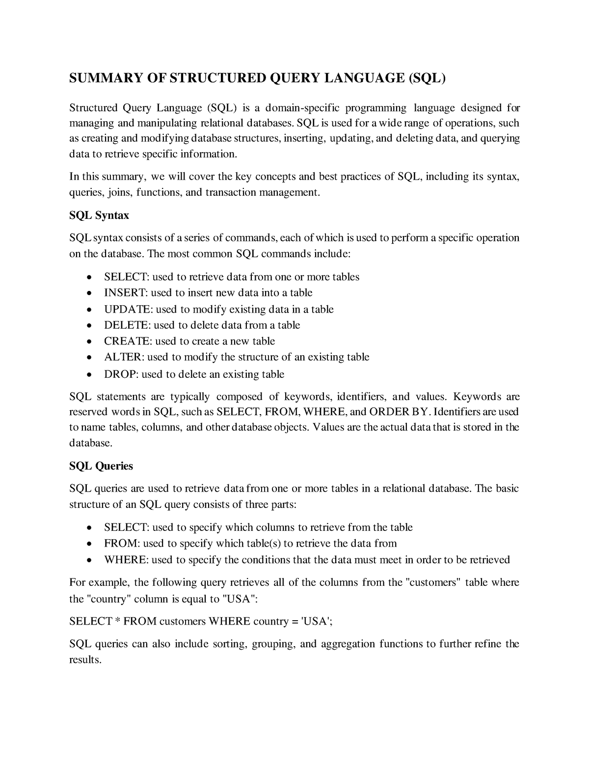 Summary Of Structured Query Language (SQL) - SUMMARY OF STRUCTURED ...