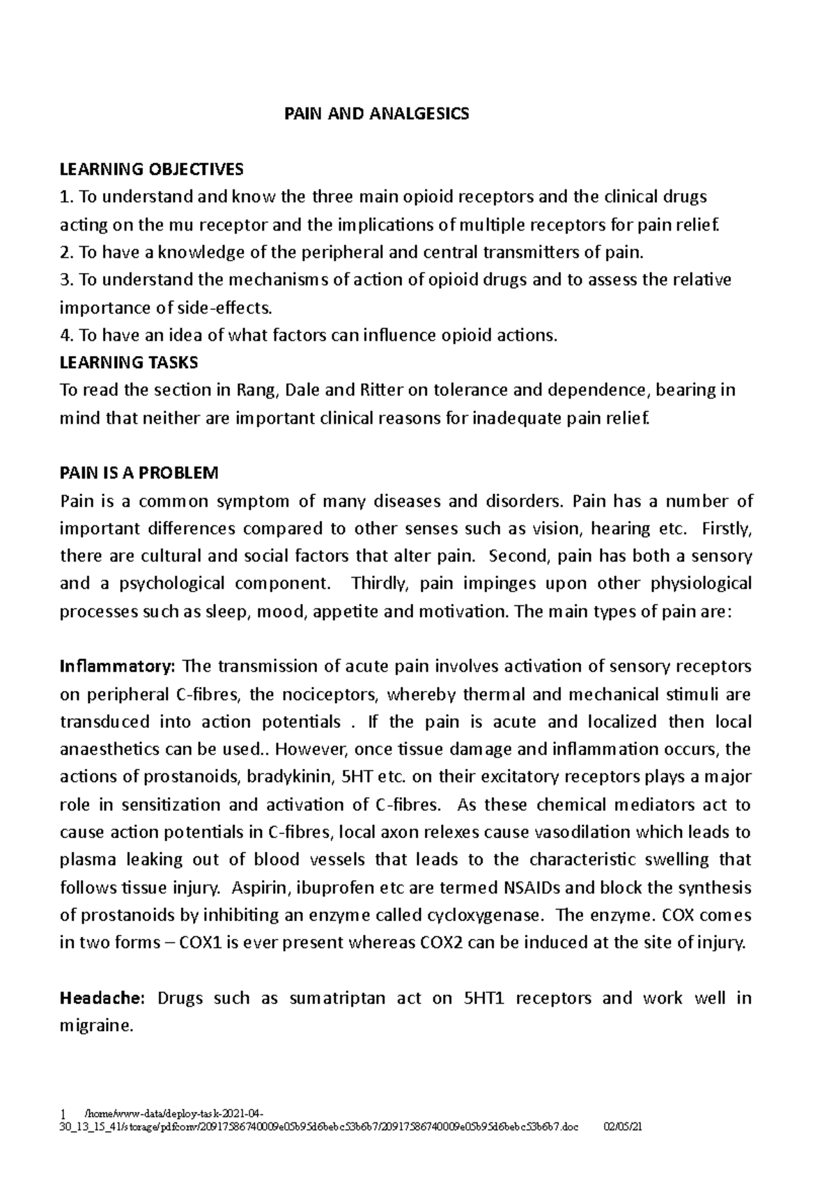 Pain handout - Summary of the lecture - PAIN AND ANALGESICS LEARNING ...