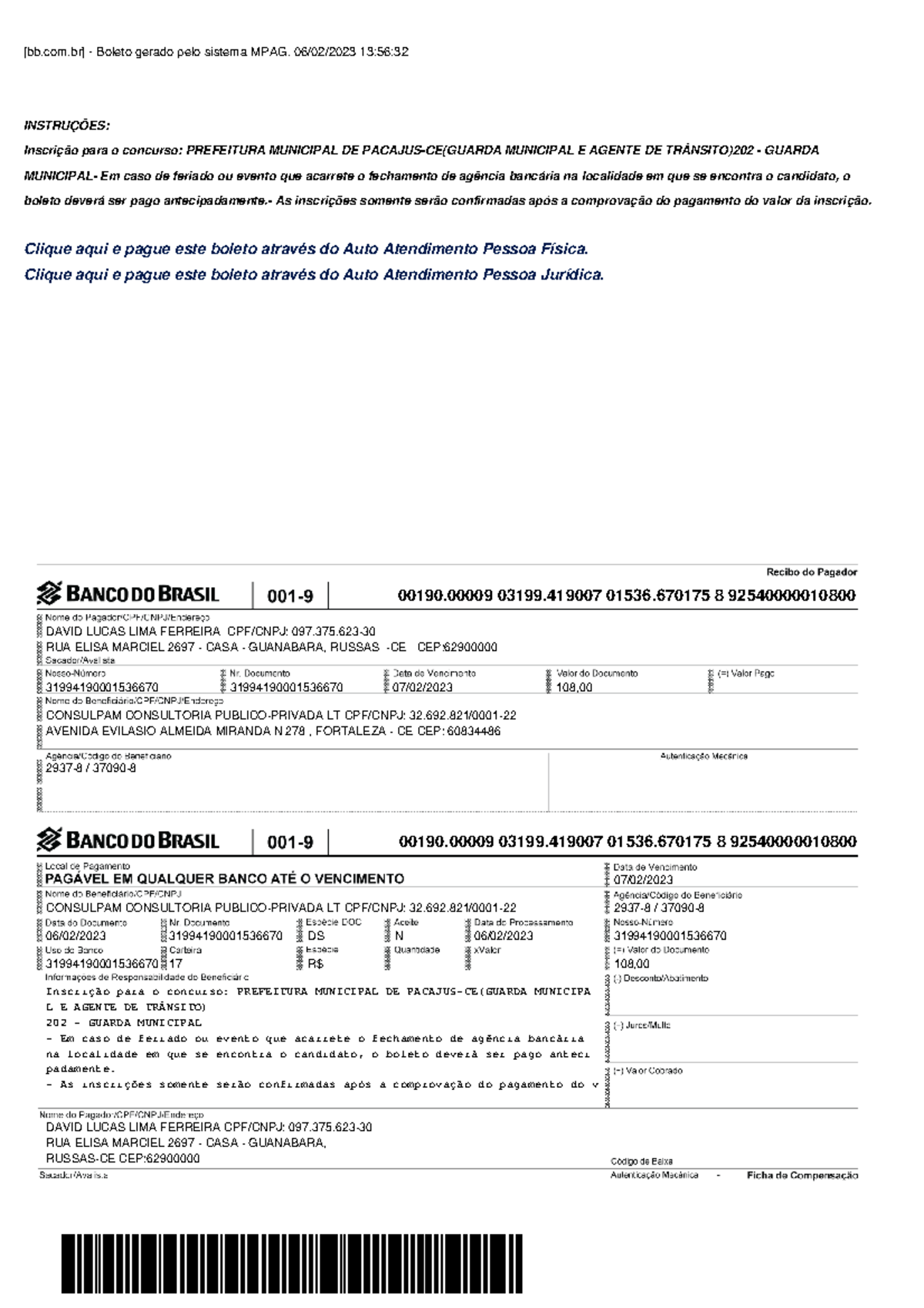 Baixados - n tenho - [bb.com] - Boleto gerado pelo sistema MPAG. 06/02 ...