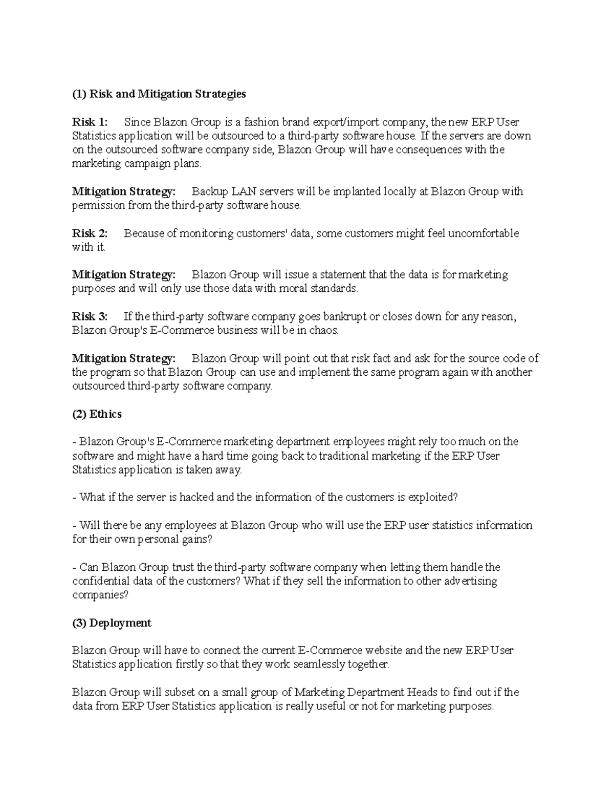 Dr Lewis Assignment 3 - (1) Risk and Mitigation Strategies Risk 1 ...