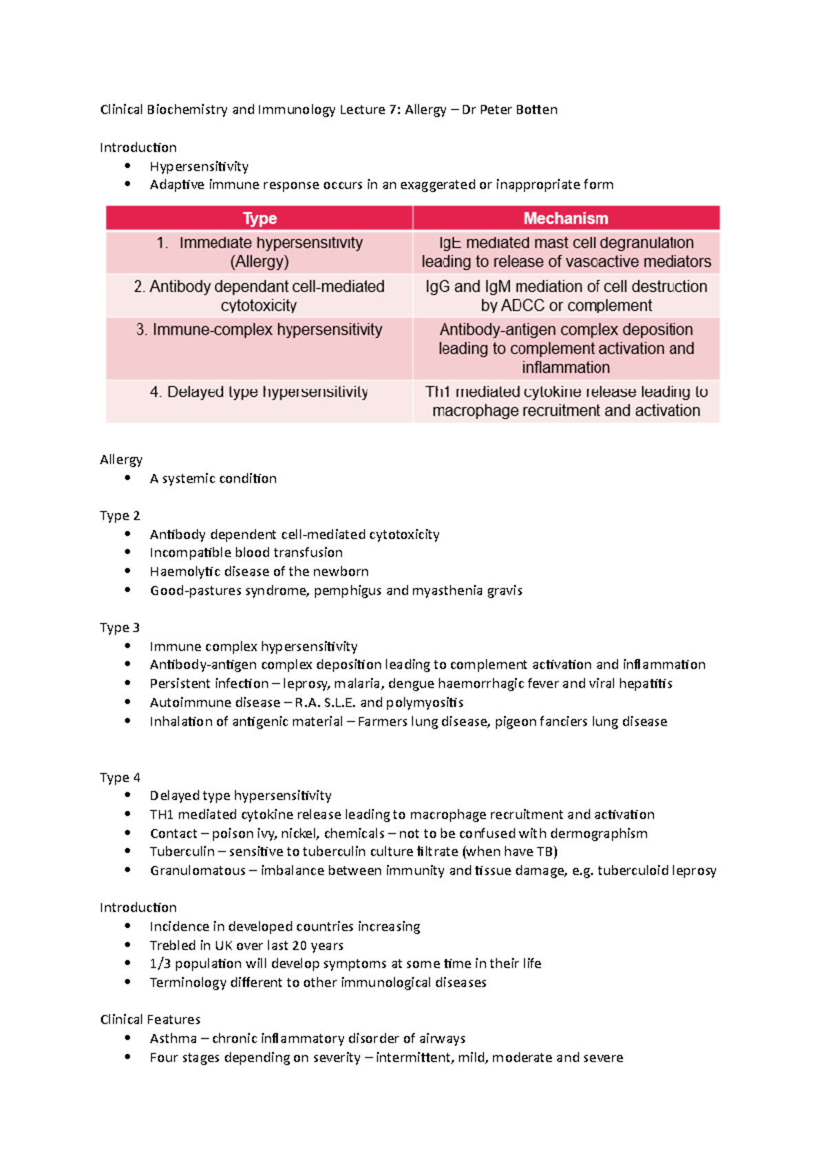 Lecture 7 and 8 Notes - Allergy - Clinical Biochemistry and Immunology ...