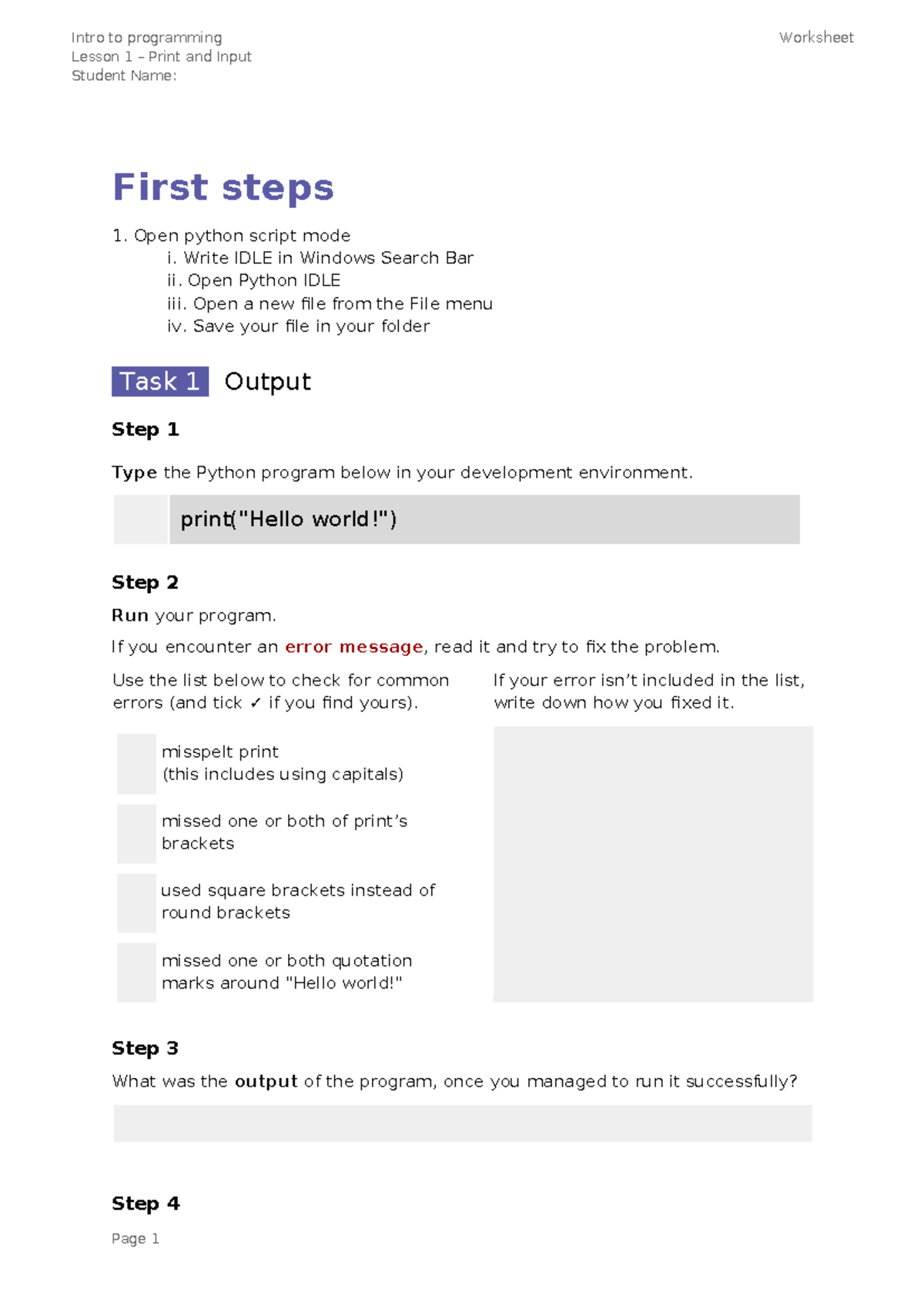 Worksheet – First steps - Intro to programming Lesson 1 – Print and ...