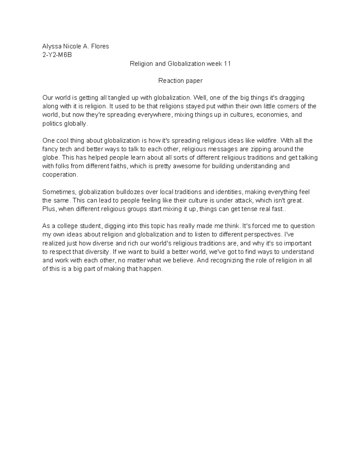 Religion and Globalization week 11 - Alyssa Nicole A. Flores 2-Y2-M6B ...