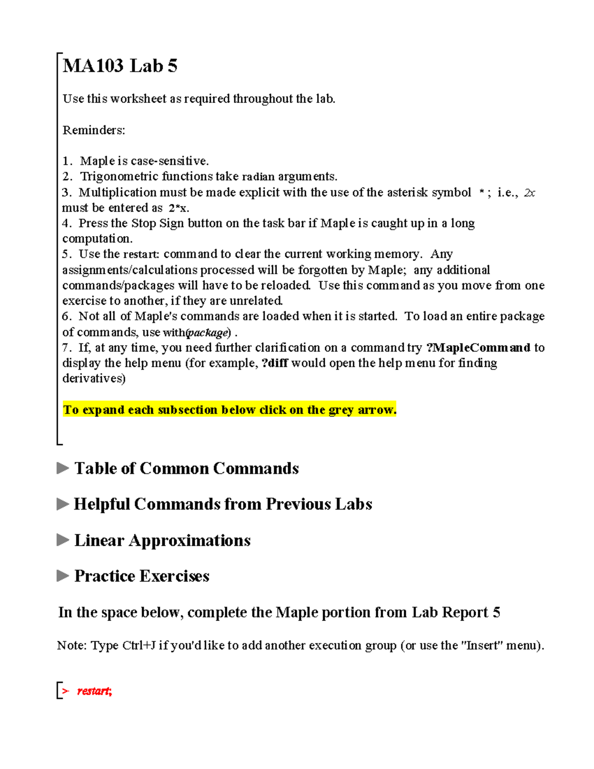 Lab 5 Maple Worksheet Solutions >> MA103 Lab 5 Use this worksheet as