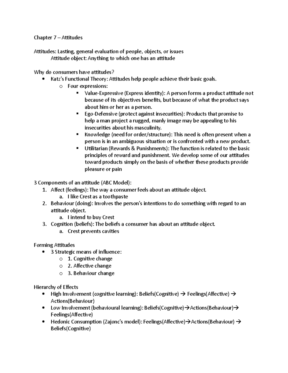 Chapter 7 - Summary Consumer Behaviour - Chapter 7 Attitudes Attitudes ...