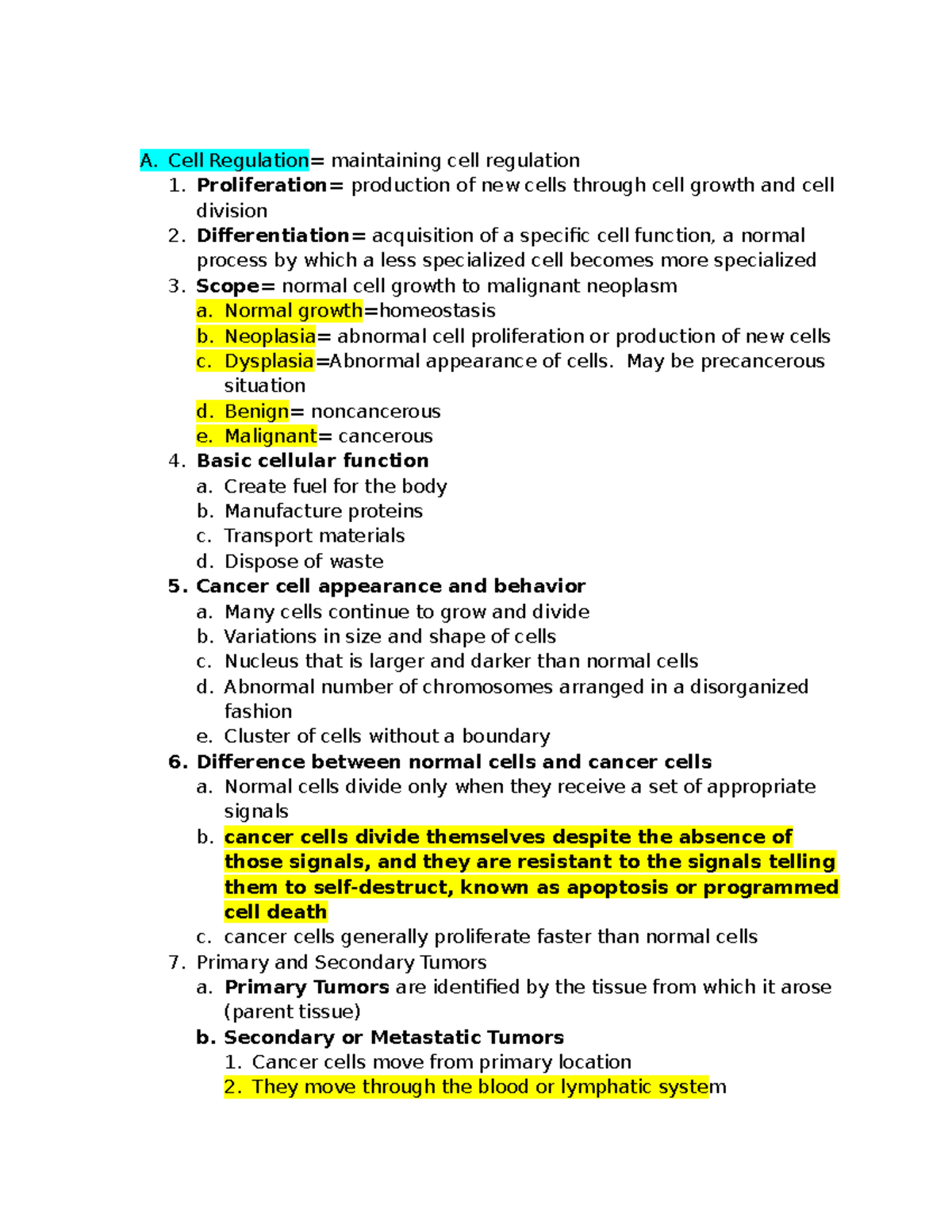 Cell Reg full outline - A. Cell Regulation= maintaining cell regulation ...