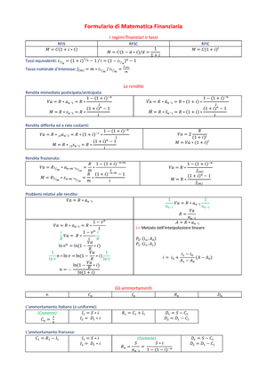 Nozioni del formulario di matematica finanziaria: Appunti di matematica
