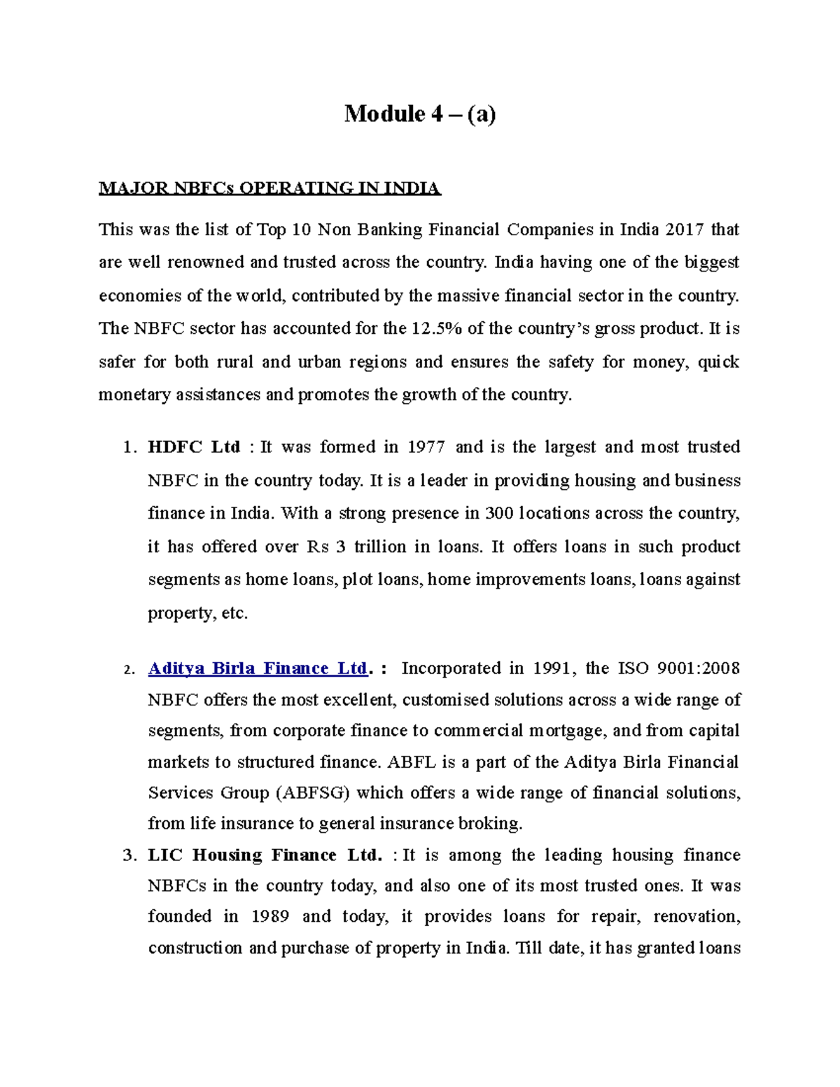NBFC Module 4a NBFC NOTES Module 4 (a) MAJOR NBFCs OPERATING IN