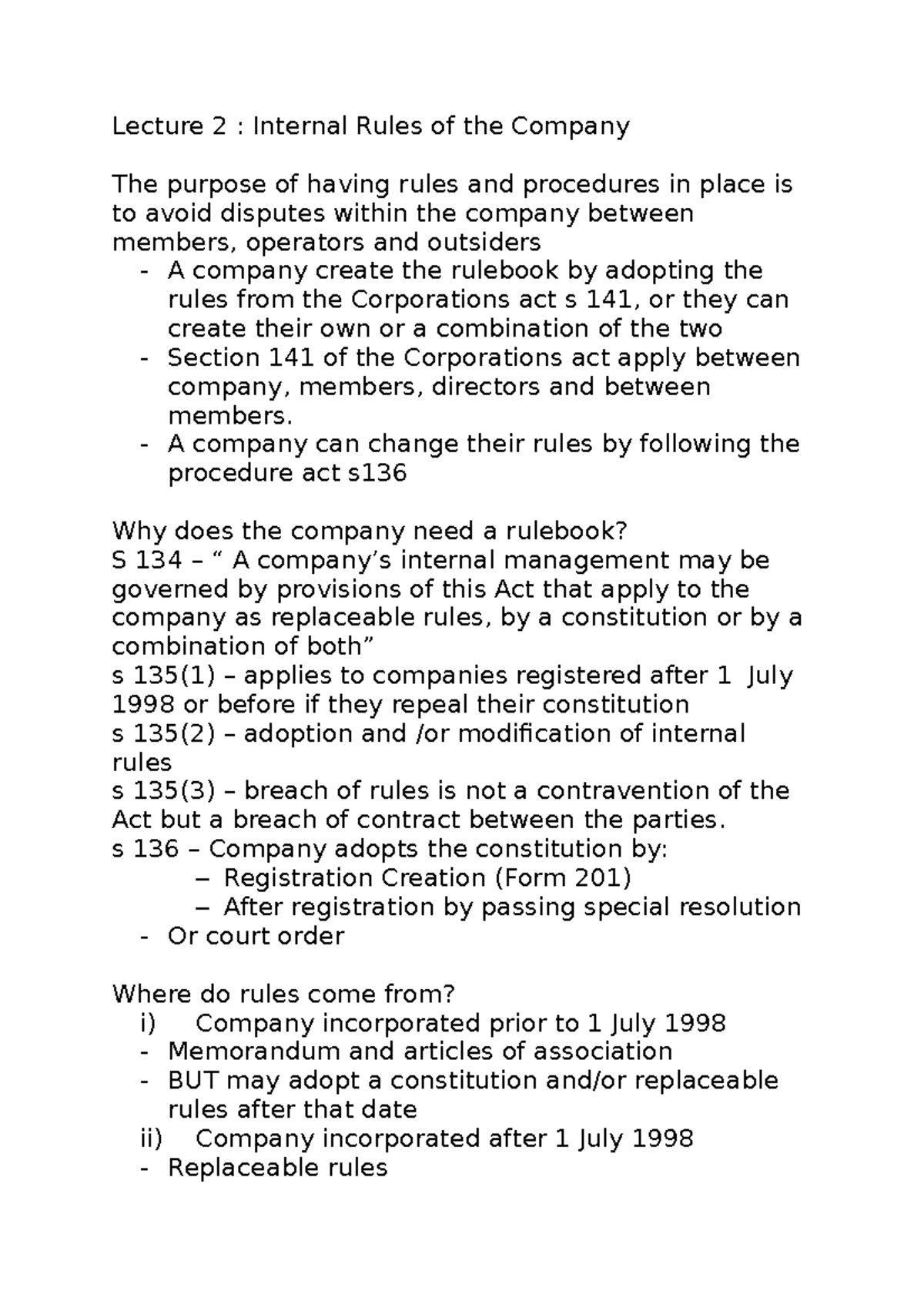Company finance law week 2 - Lecture 2 : Internal Rules of the Company ...