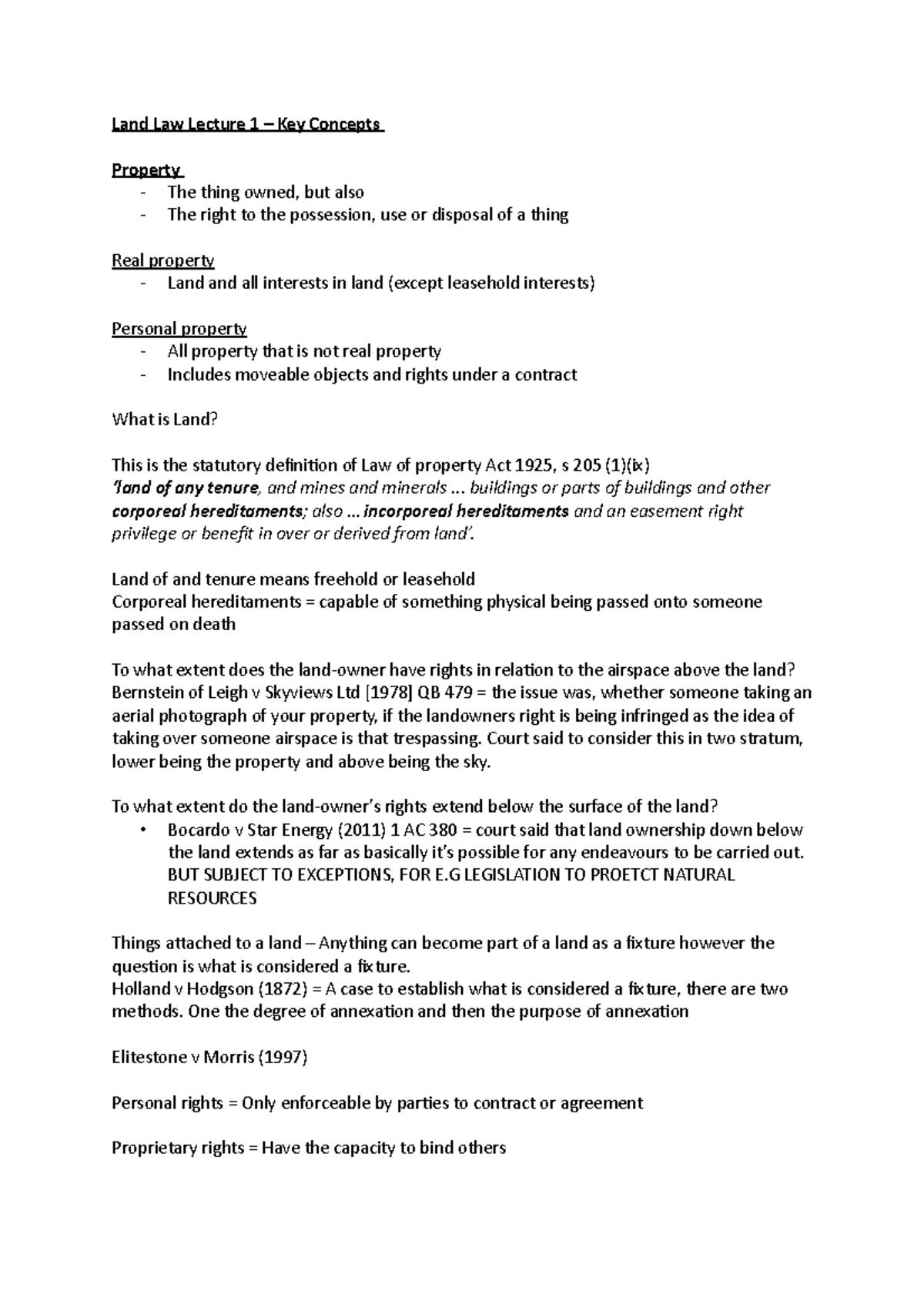 Land Law Key Concepts - Lecture notes 1 - Land Law Lecture 1 – Key ...