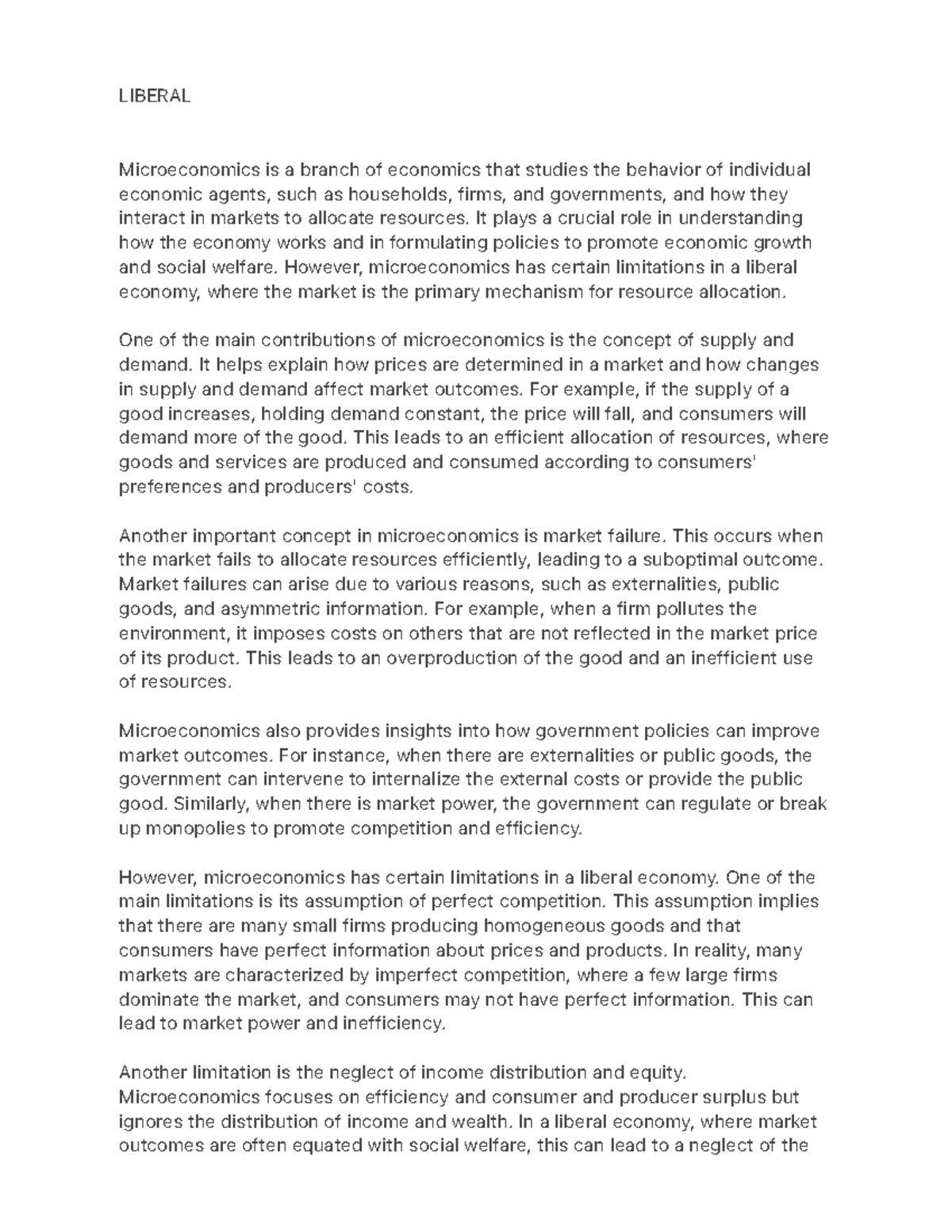 Liberal - NOTES - LIBERAL Microeconomics is a branch of economics that ...