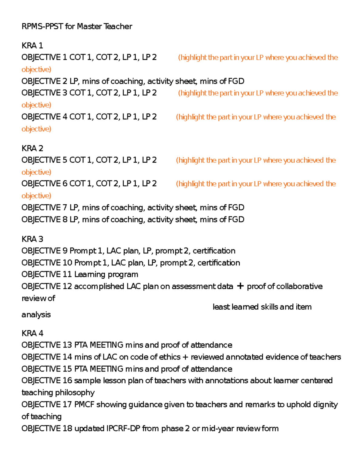 RPMS list of attacments RPMSPPST for Master Teacher KRA 1 OBJECTIVE