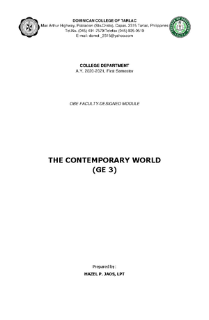 Contemporary World GE3-Module 3 - DOMINICAN COLLEGE OF TARLAC Mac ...