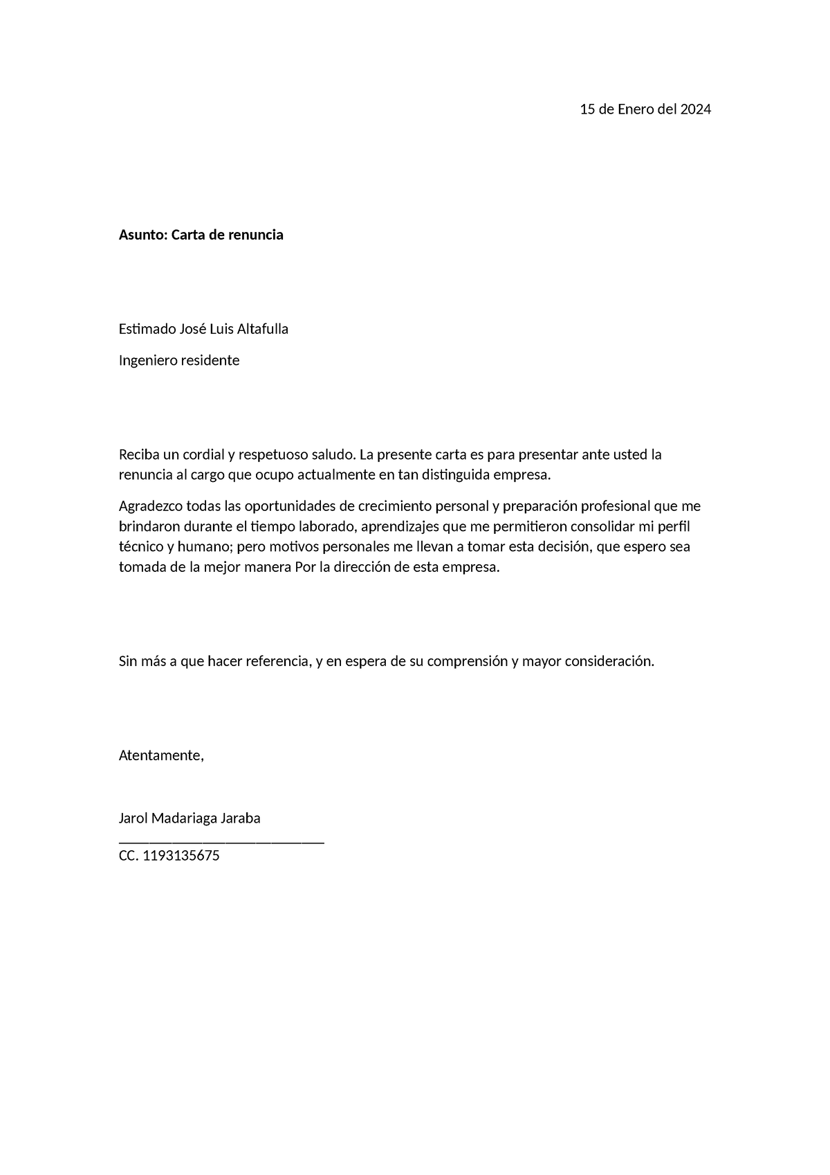 Carta De Renuncia De Enero Del Asunto Carta De Renuncia