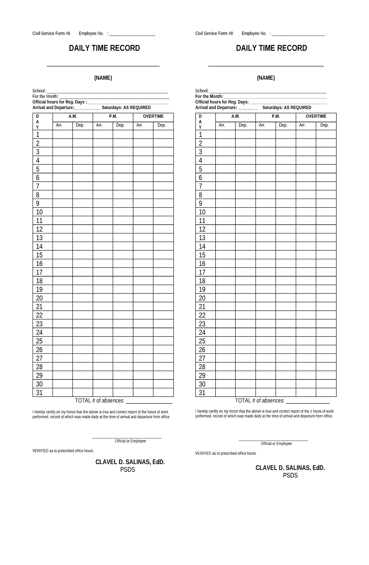 DTR - self esteem - Civil Service Form 48 Employee No ...