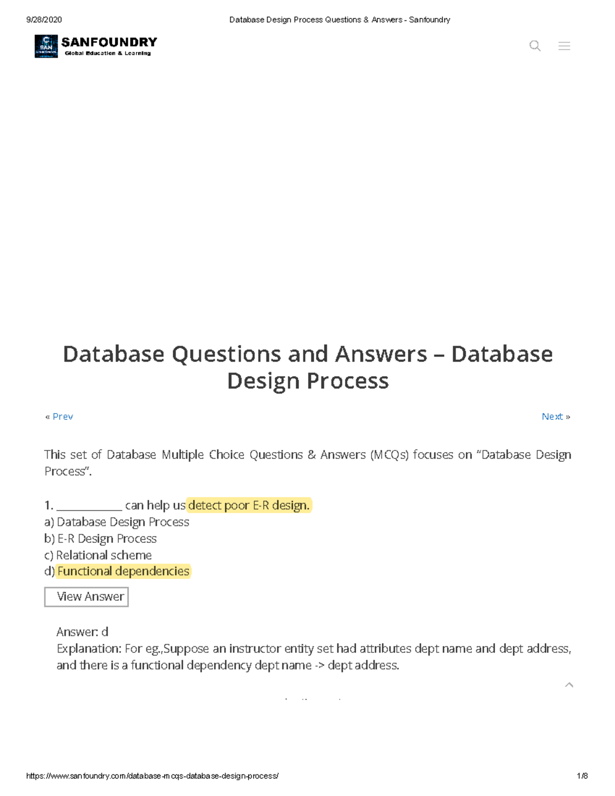 Database Design Process Questions & Answers - Sanfoundry - « Prev Next ...