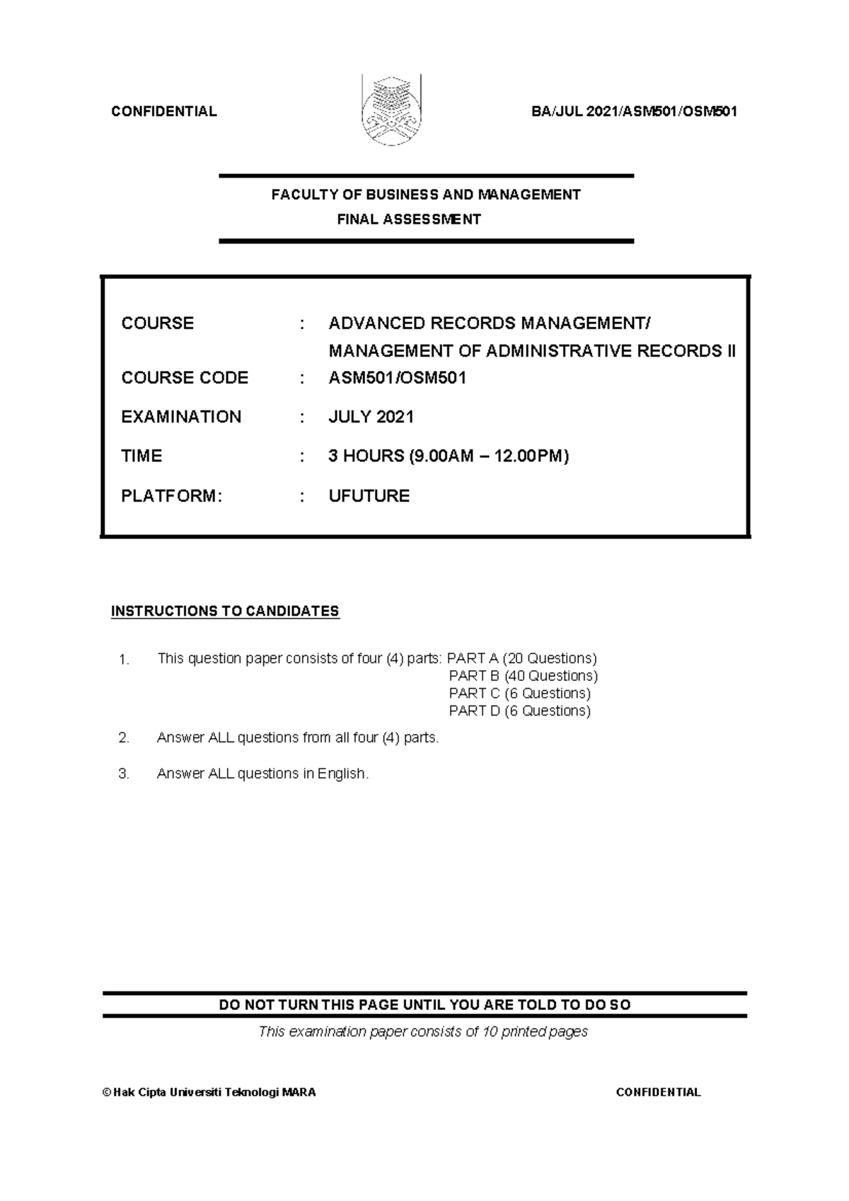 PAST YEAR Quest ASM501 JUL2021 | TUTORIAL WEEK 14 - FACULTY OF BUSINESS ...