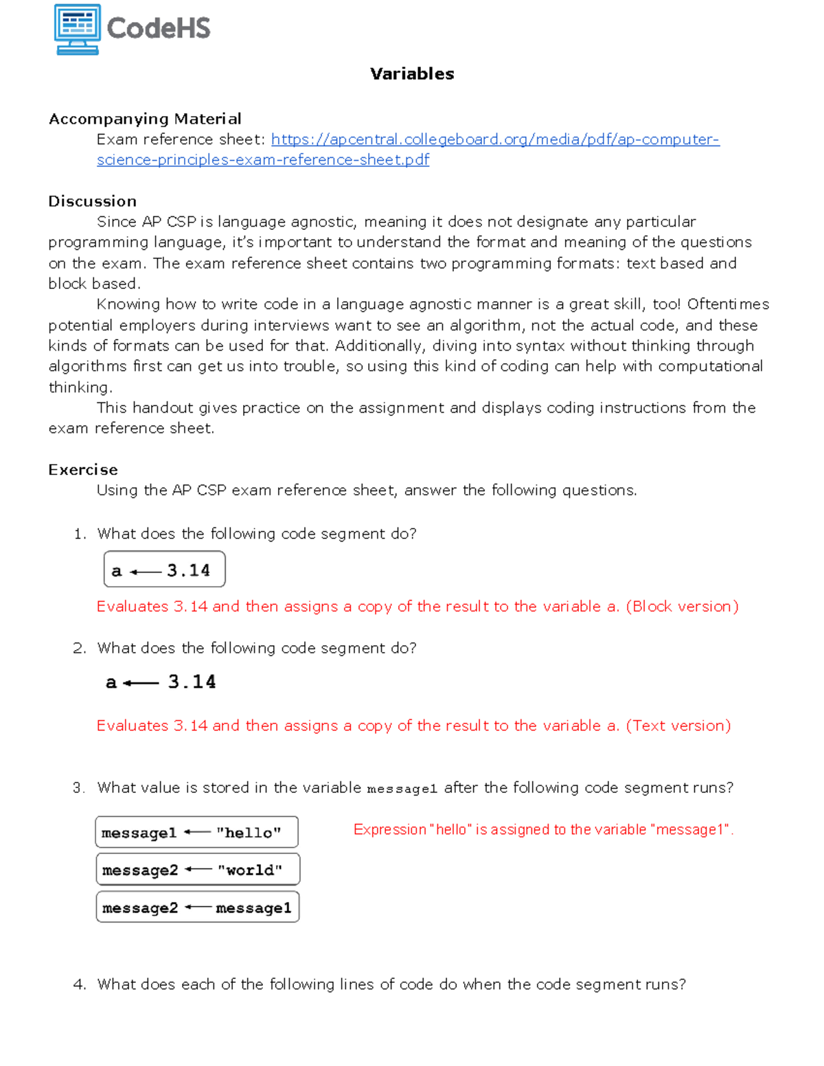 Variables (3 - codehs - Variables Accompanying Material Exam reference ...