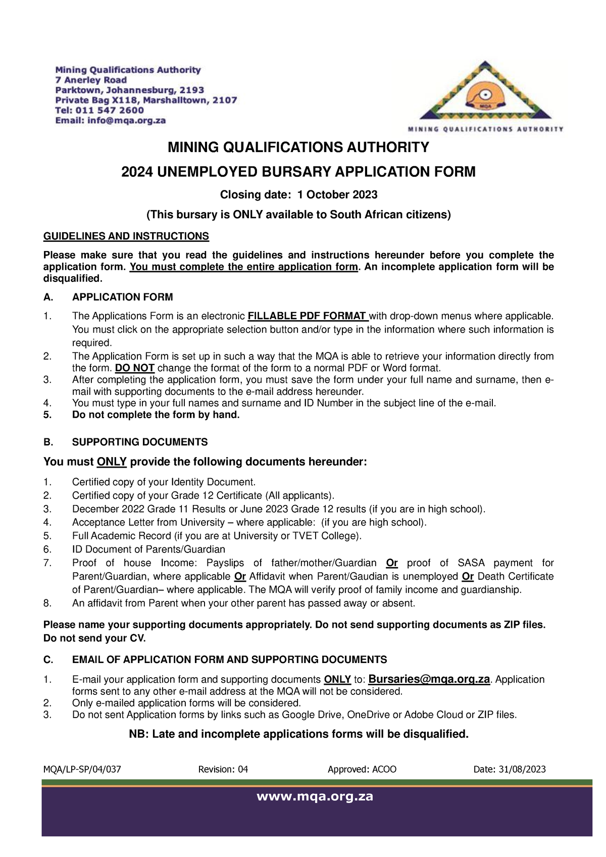 2024 Unemployed Bursary Application Form MQA/LPSP/04/037 Revision