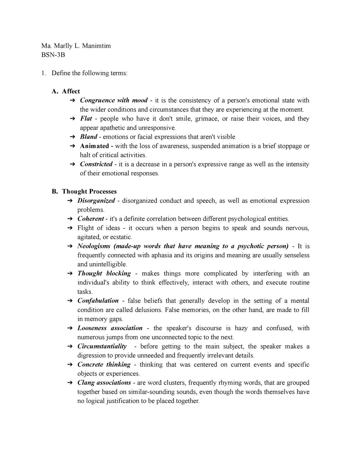 Defense Mechanism - Ma. Marlly L. Manimtim BSN-3B Define the following ...