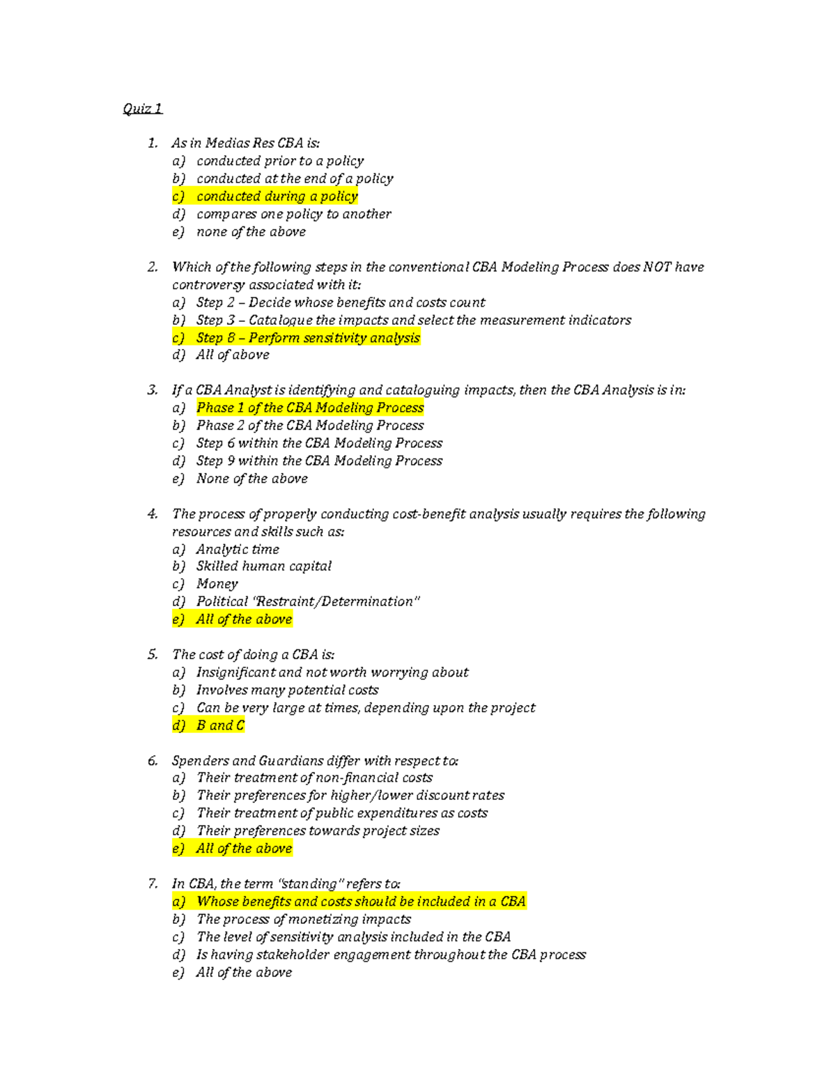 Quiz on CBA Modeling Process and Willingness to Pay - Studocu