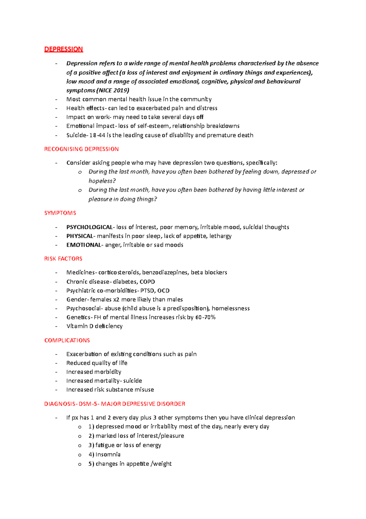 Depression - Lecture Notes 1-4 - DEPRESSION - Depression Refers To A ...