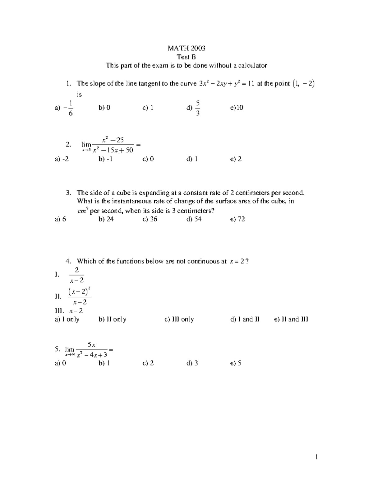 2003 Test B - test - MATH 2003 Test B This part of the exam is to be ...