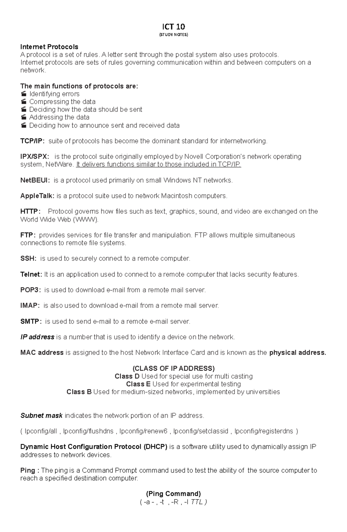 ICT 10 Study Notes - nag - ICT 10 (STUDY NOTES) Internet Protocols A ...