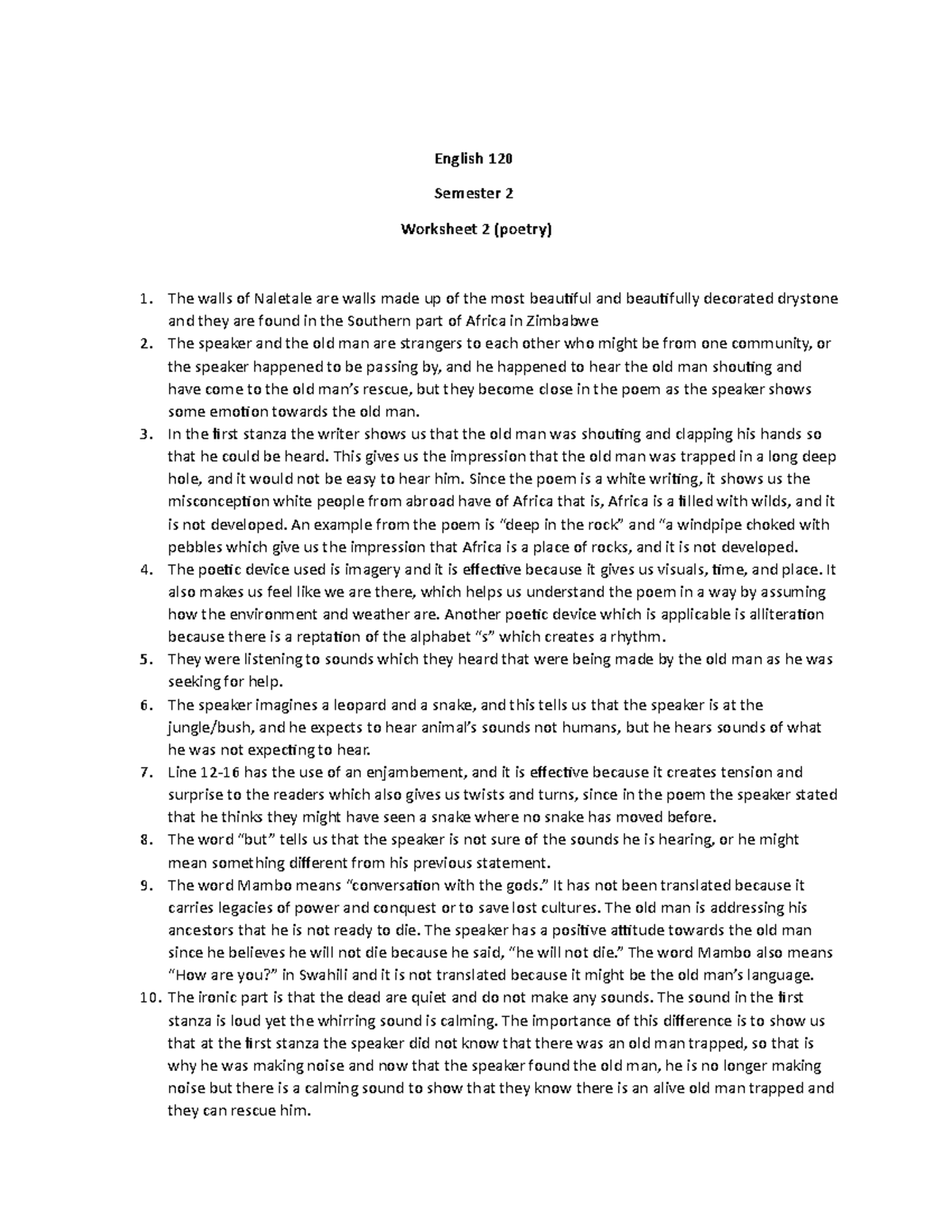 English worksheet 2 - English 120 Semester 2 Worksheet 2 (poetry) The ...