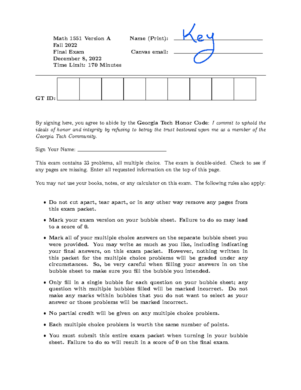 Final Exam Fall 22 Solutions - Math 1551 Version A Name (Print): Fall ...