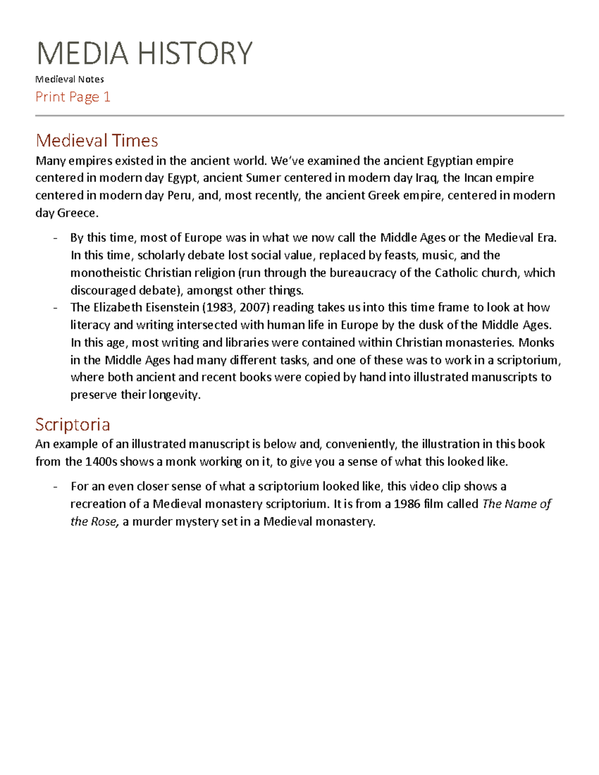 Media History - Medieval Notes - MEDIA HISTORY Medieval Notes Print ...