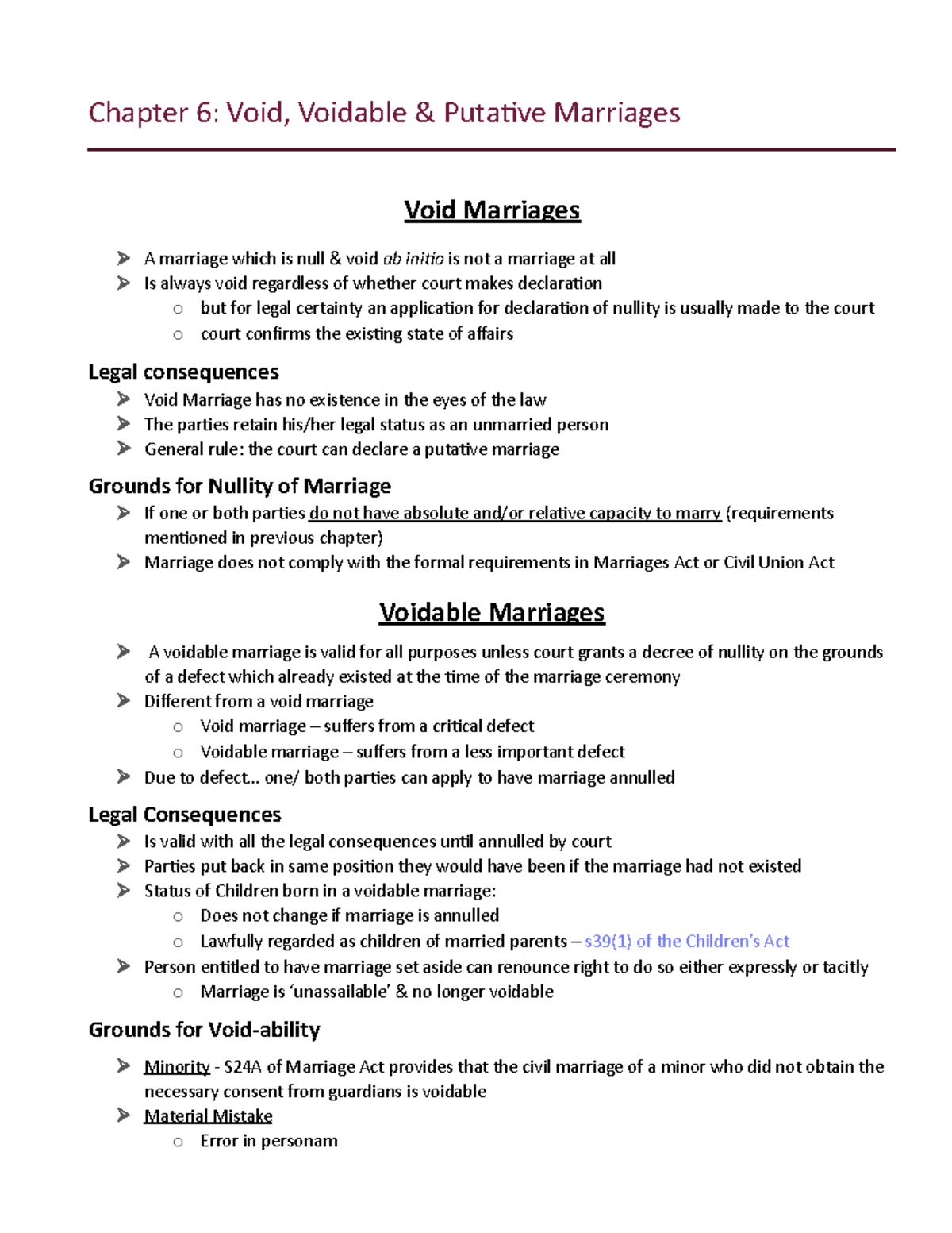 Chapter 6 - Chapter 6: Void, Voidable & Putative Marriages Void ...