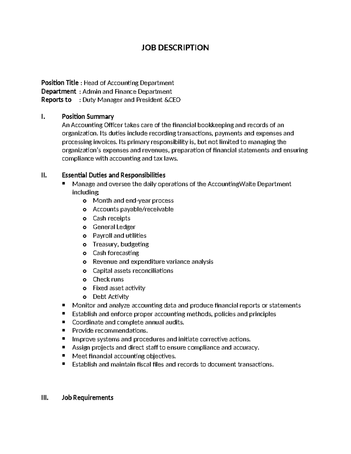Job Description for Printing Position Title Head of Accounting