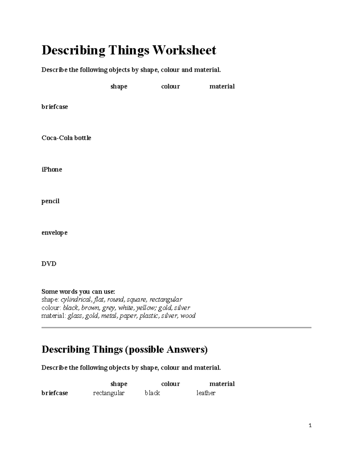 Describing Things Worksheet Describing Things Worksheet Describe the