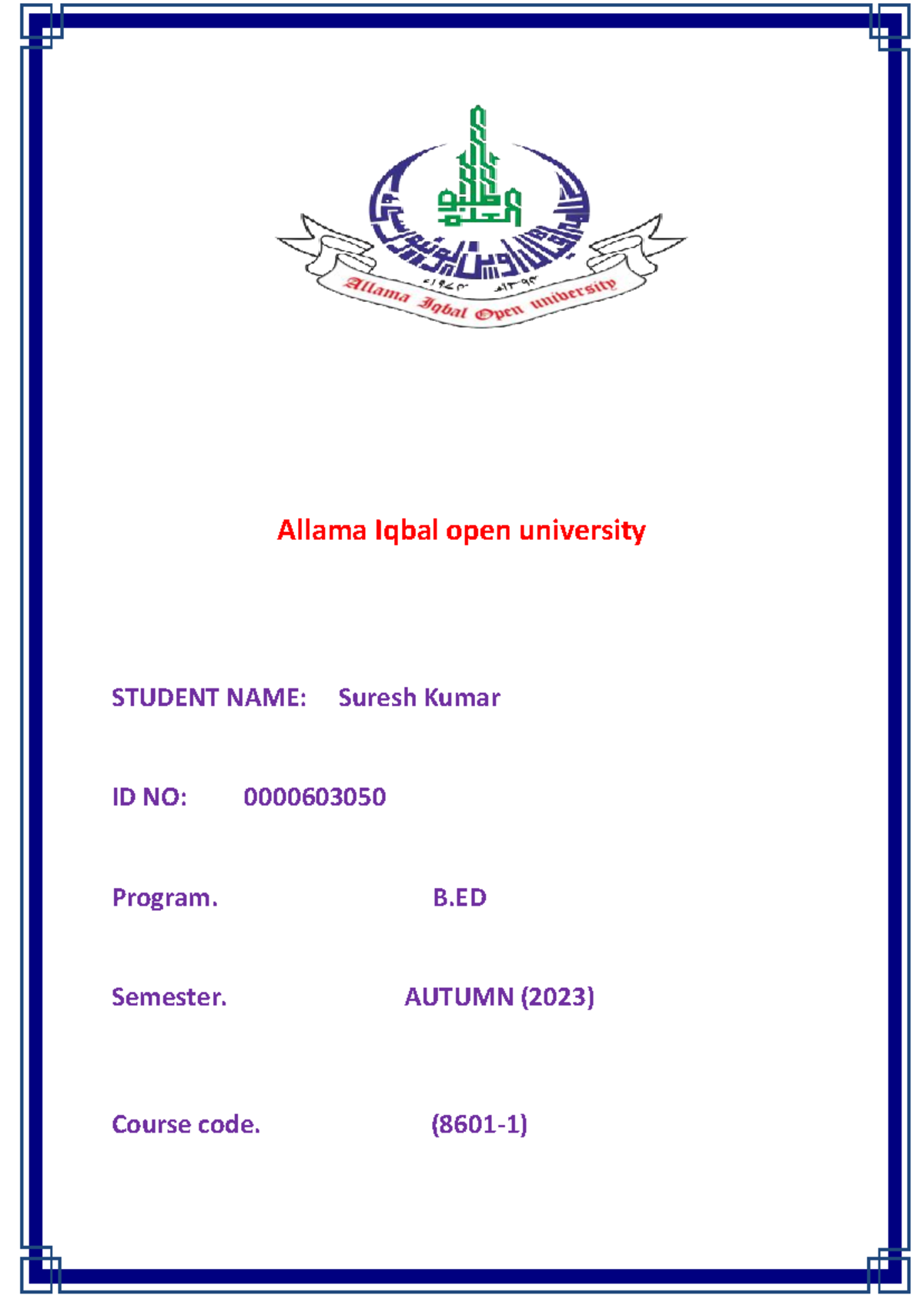 allama iqbal open university assignment 8601