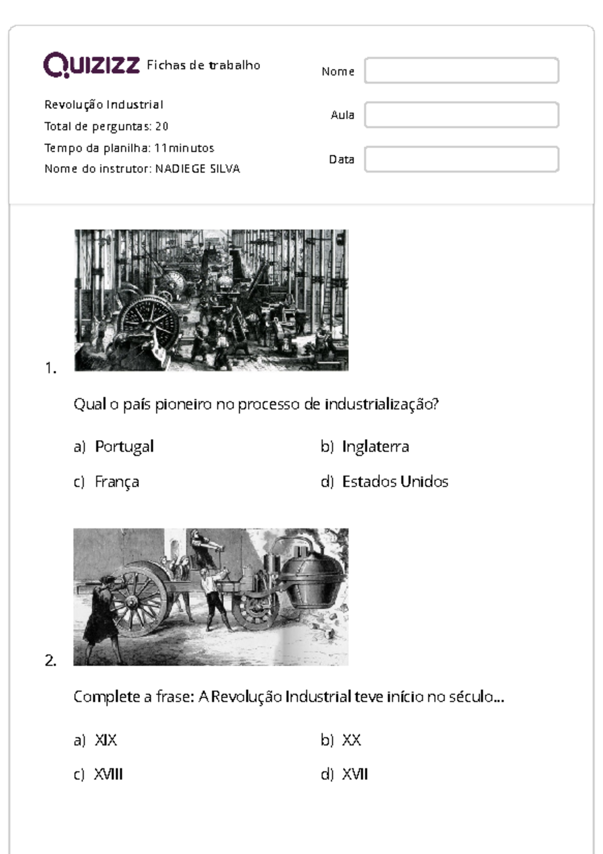 Revolução Industrial Quizizz 8 Ano - Fichas de trabalho Revolução ...