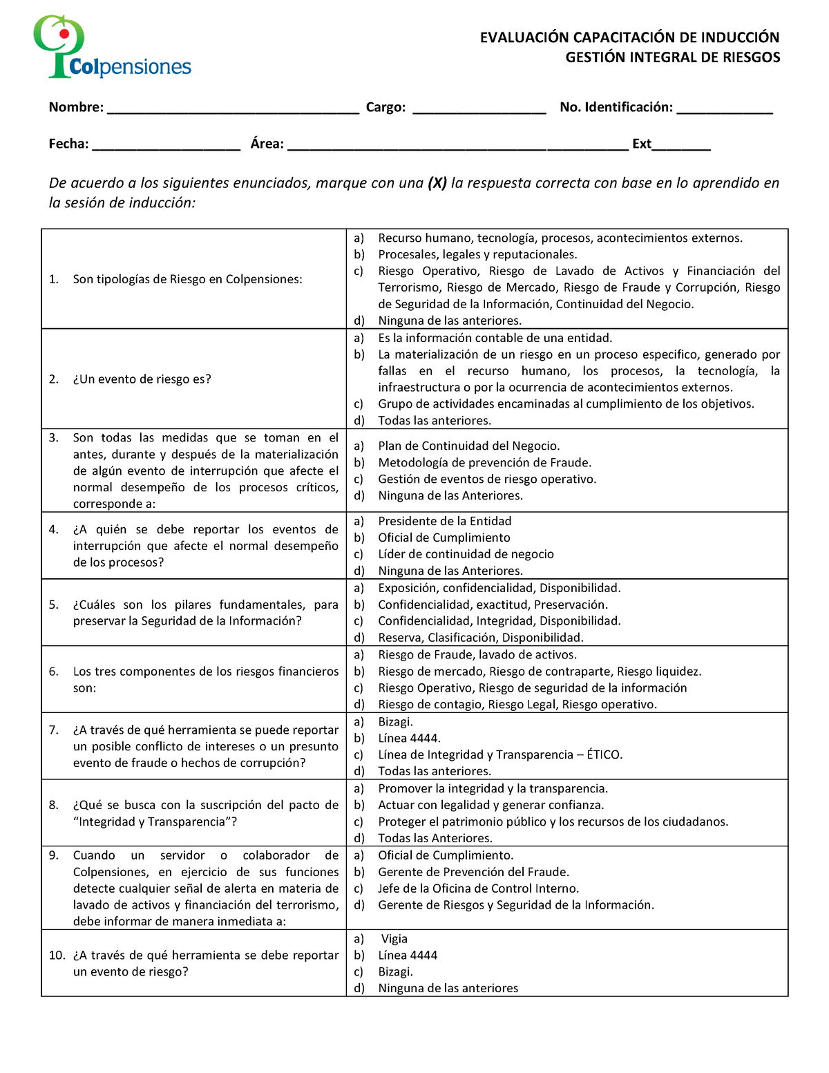 Evaluacion Induccion Gestion Integral Riesgos - EVALUACI”N CAPACITACI”N ...