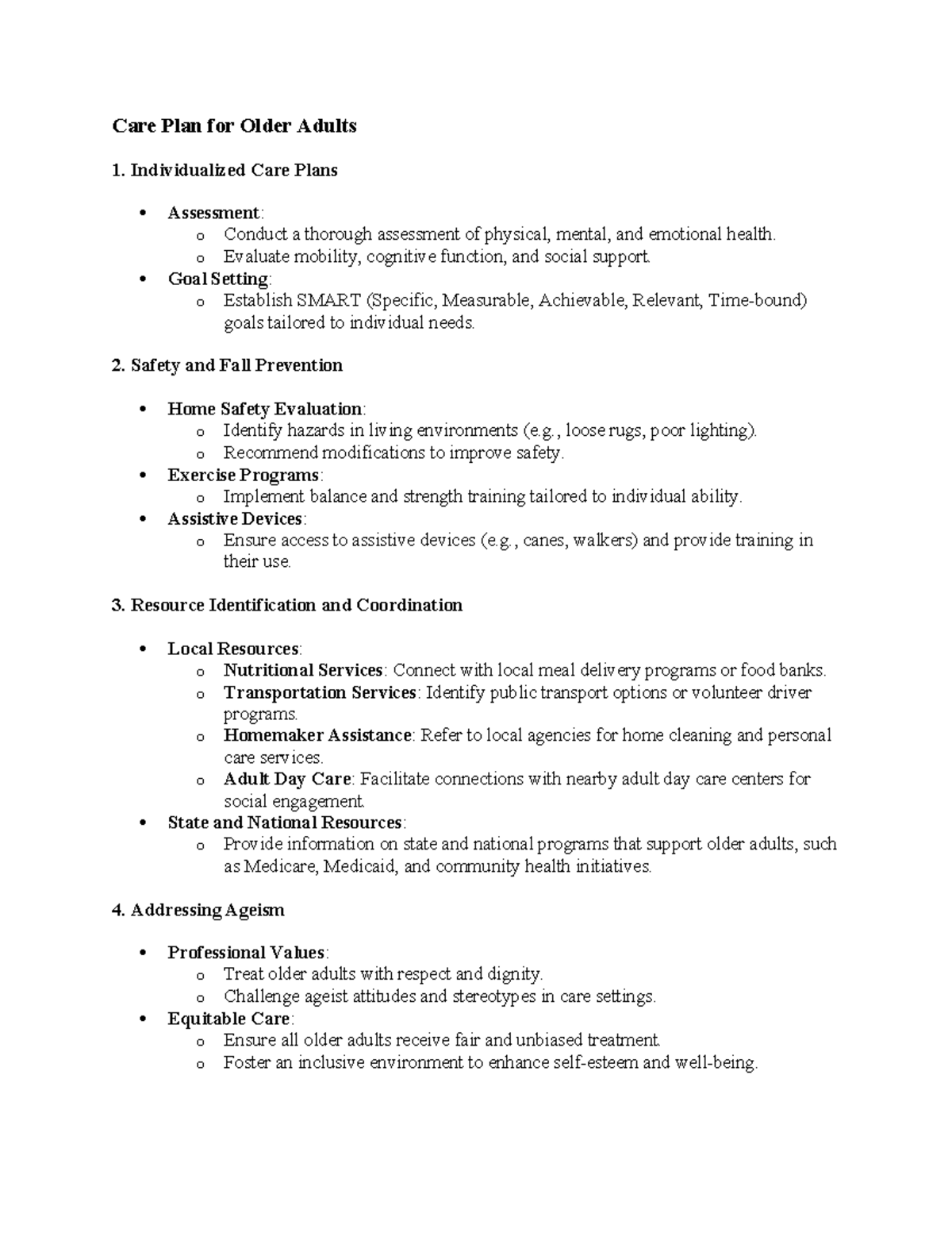 Care Plan for Older Adults - Individualized Care Plans Assessment: o ...