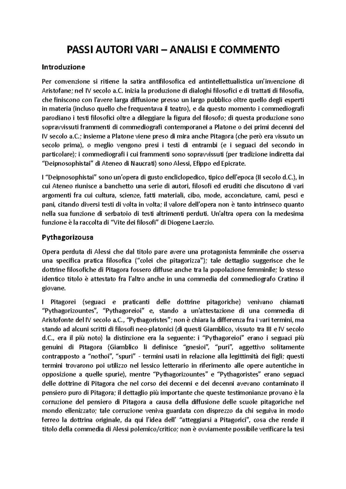 Alessi, Efippo, Epicrate Frammenti di opere varie Analisi e