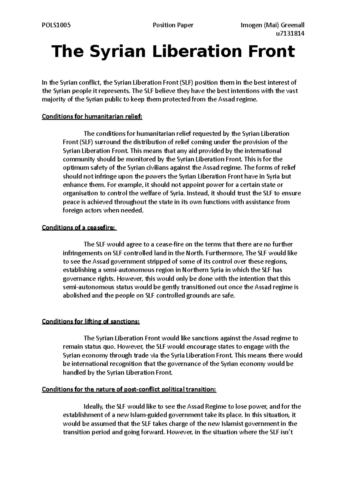 The Syrian Liberation Front Position Paper Final - POLS1005 Position ...