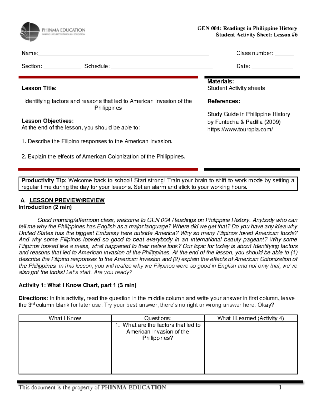 Copy of SAS# 6 - GEN 004 - N/A - Student Activity Sheet: Lesson # - Studocu