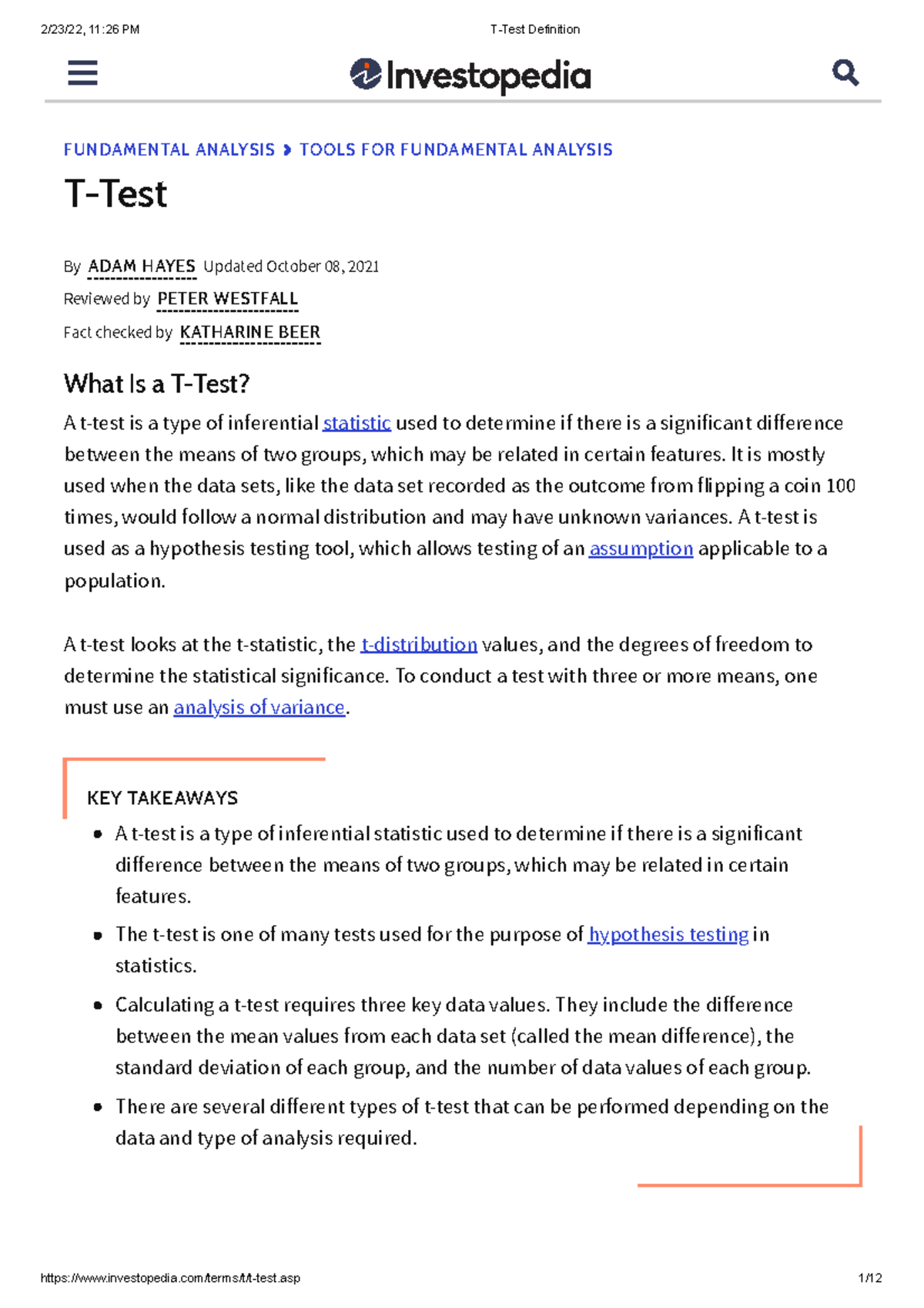 TTest Definition FUNDAMENTAL ANALYSIS TOOLS FOR FUNDAMENTAL ANALYSIS What Is a TTest? A t