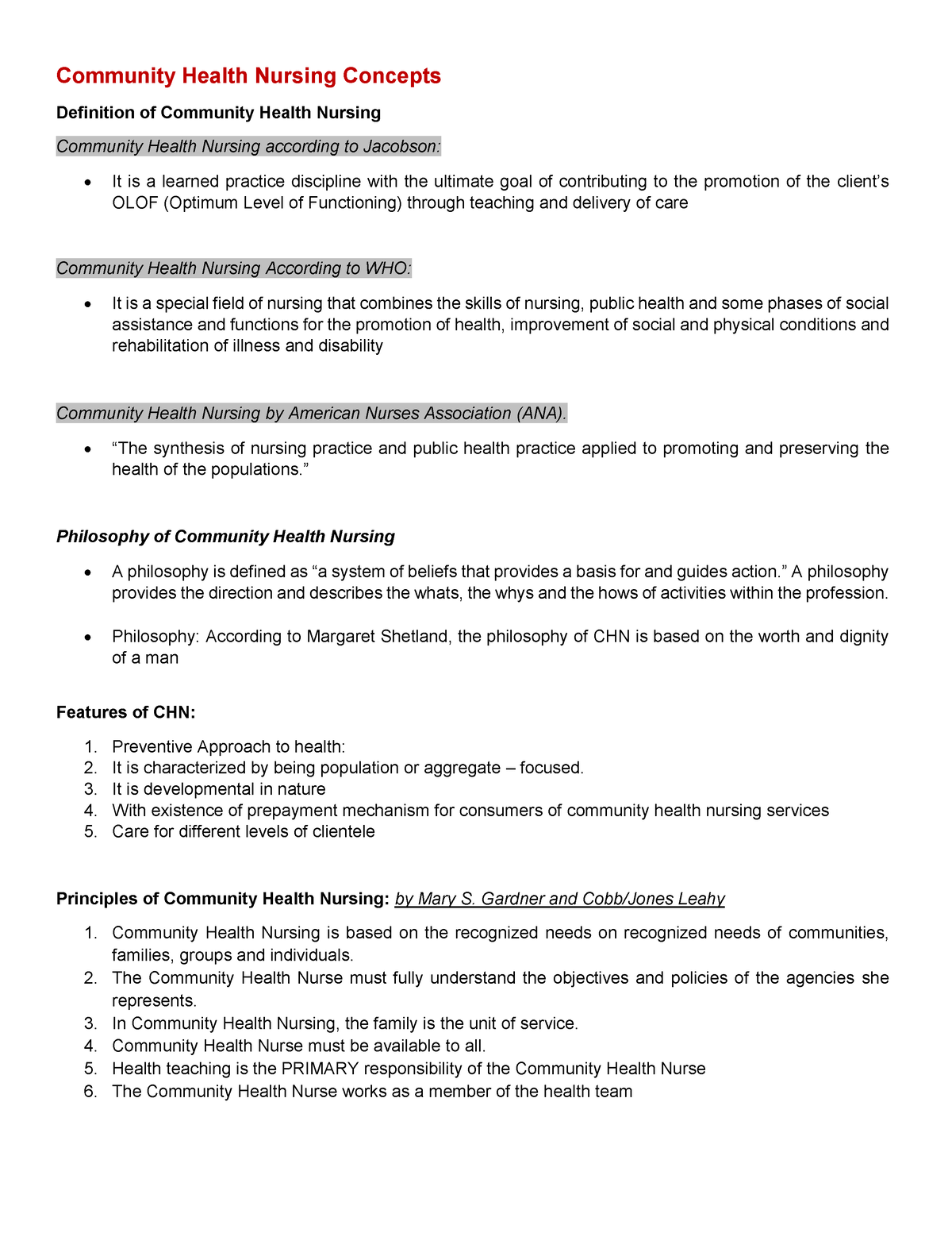 CHNN 312 Prelim Reviewer Community Health Nursing Concepts Definition 